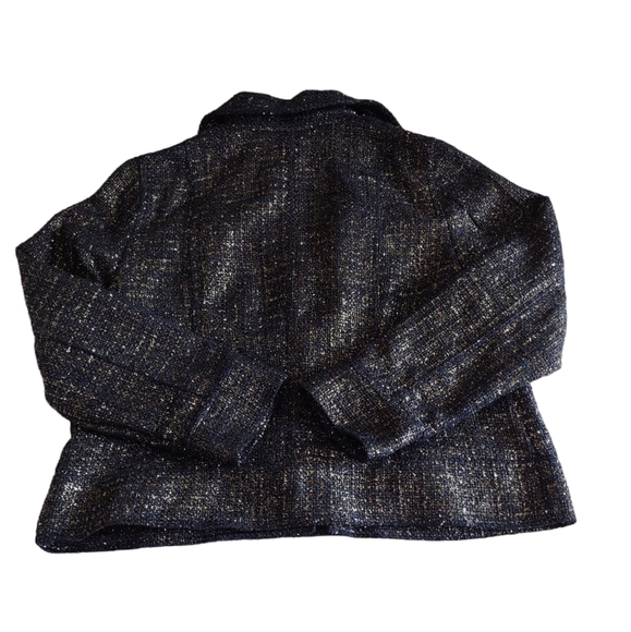 NWT Chico's Sz 2(12/14) Classic Navy Foil Tweed Long Sleeve Jacket Gold Metallic - Picture 2 of 16